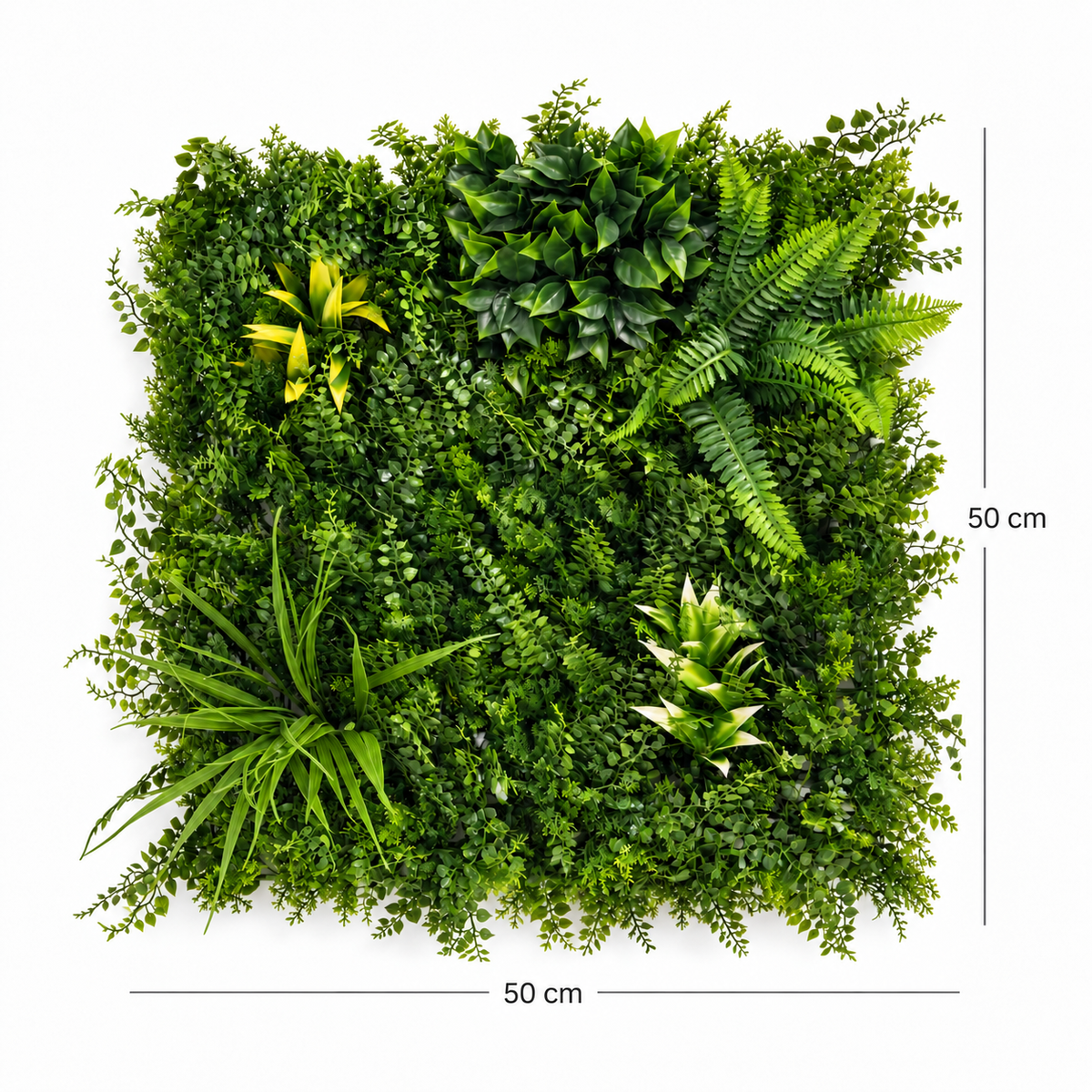 Panou Verde Artificial GAIA 50x50 cm, Frunziș Mixt, Textură 3D, Interior/Exterior