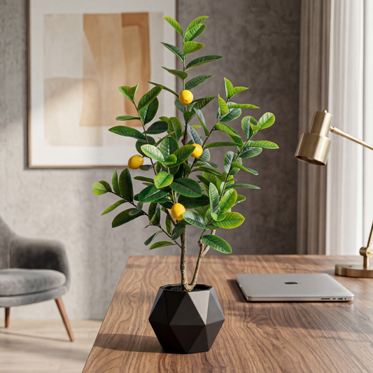 Copac lămâi artificial 100 cm în ghiveci cu fructe galbene decorative